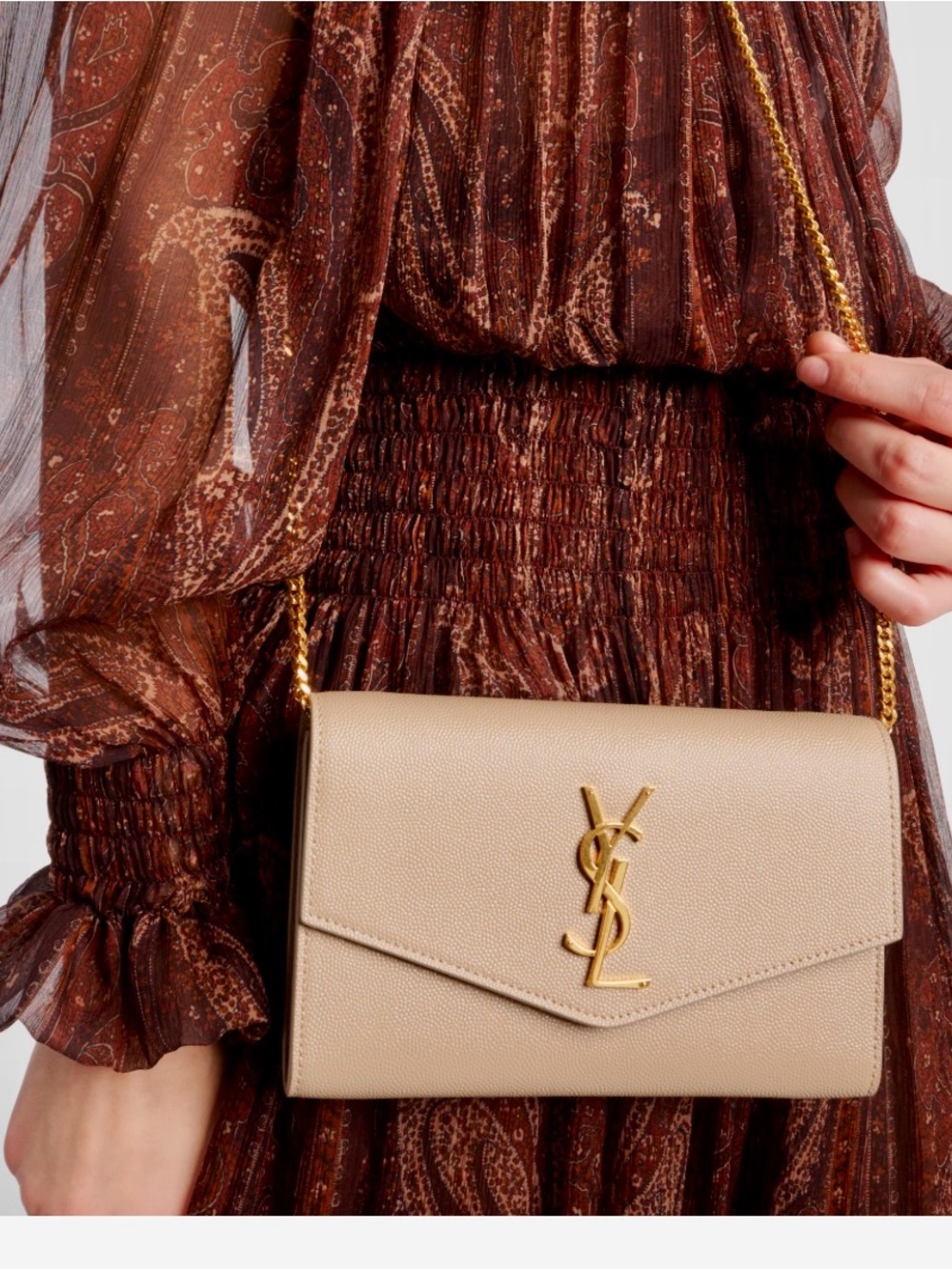 YSL DARK BEIGE UPTOWN CHAIN WALLET IN GRAIN DE POUDRE EMBOSSED LEATHER - Picture 13 of 14